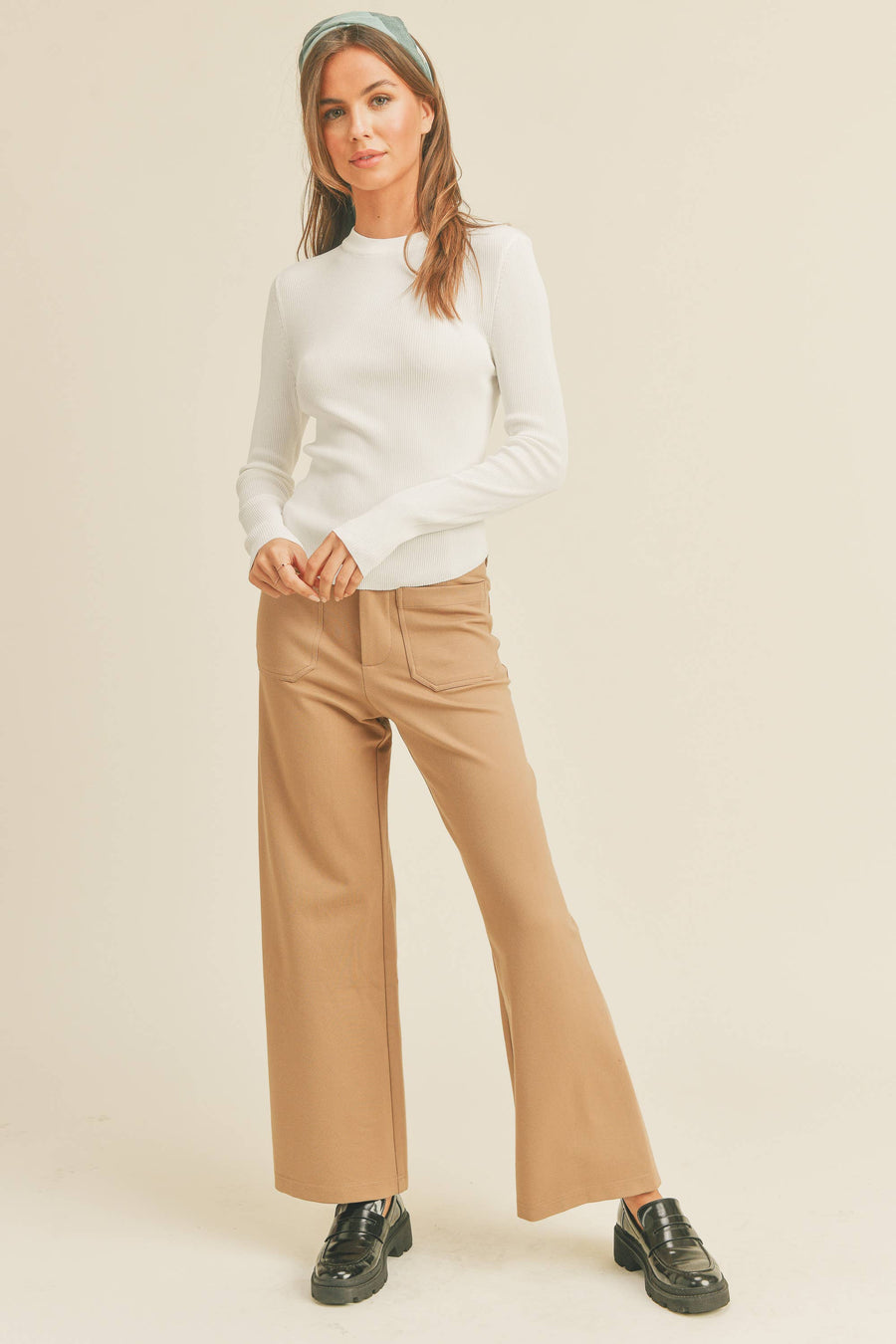 RIBBED LONG SLEEVE BASIC TOP: White