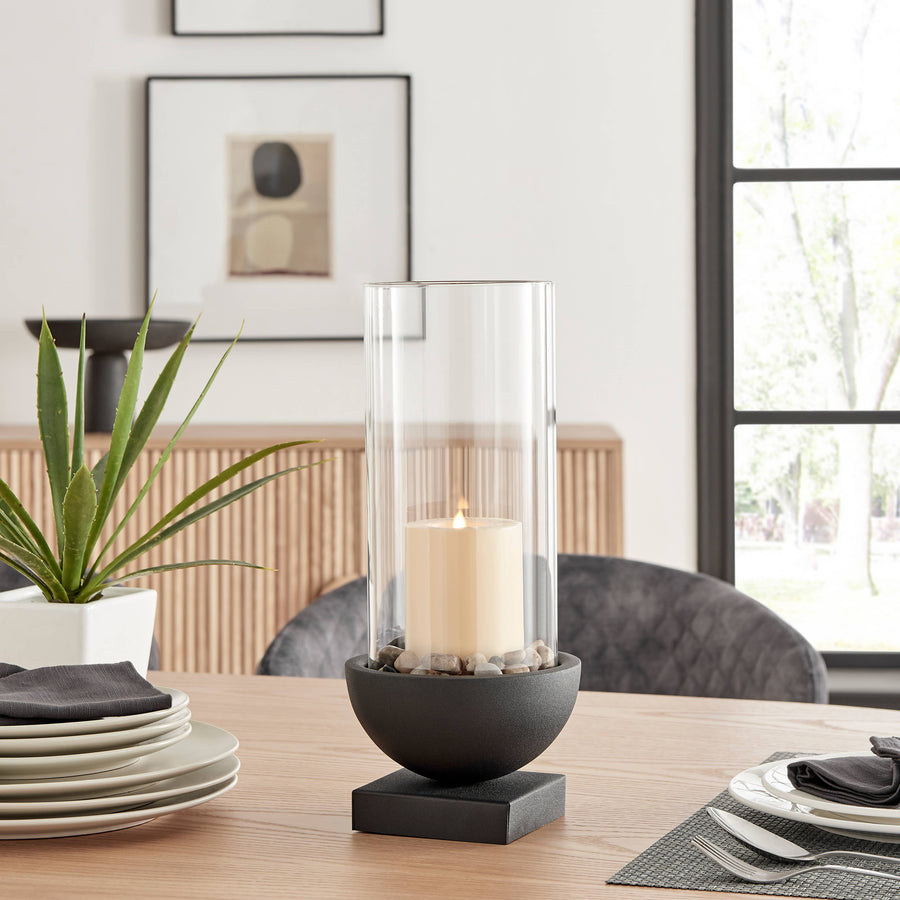 Modern Black Metal Bold Pedestal Glass Pillar Candle Holder: 6" x 6" x 13.5"