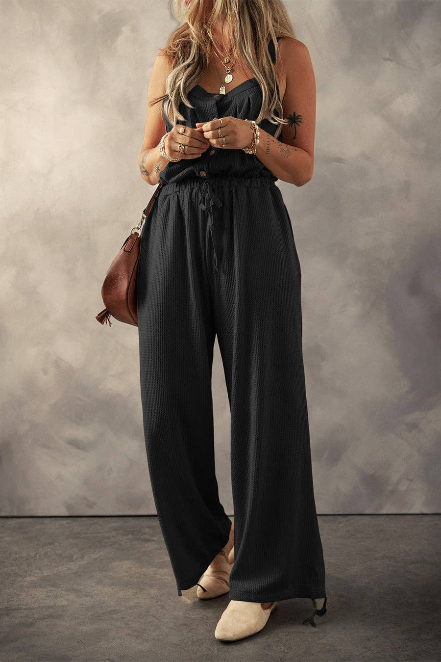 Lovesoft - Women's Knotted Straps Drawstring Jumpsuit: Black