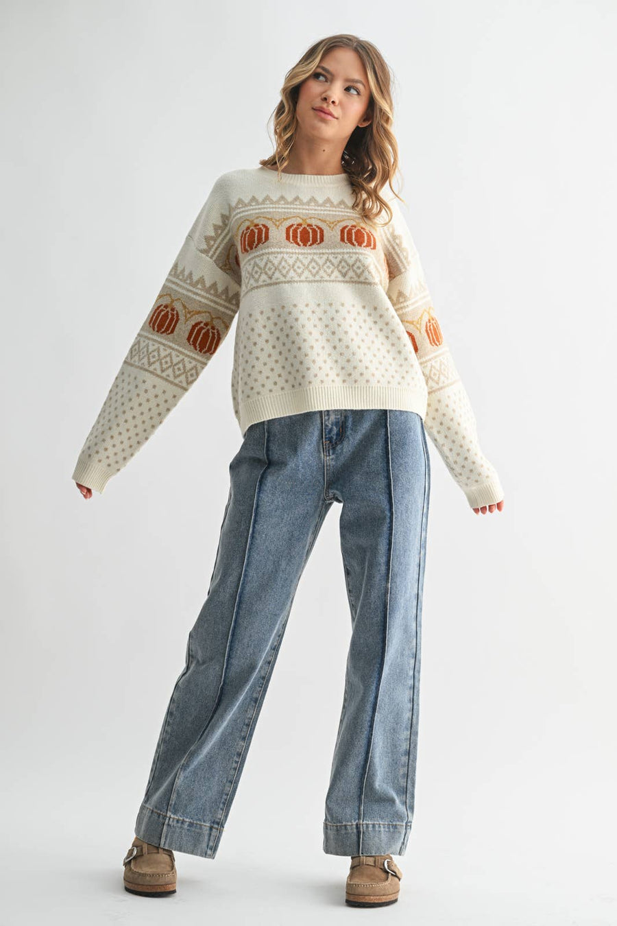 PUMPKIN JACQUARD SWEATER / WL25-11190: OFF WHITE COMBO / L
