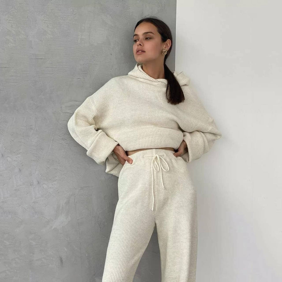 Solid Color Hoodie Top and Pant Set Sweater Set