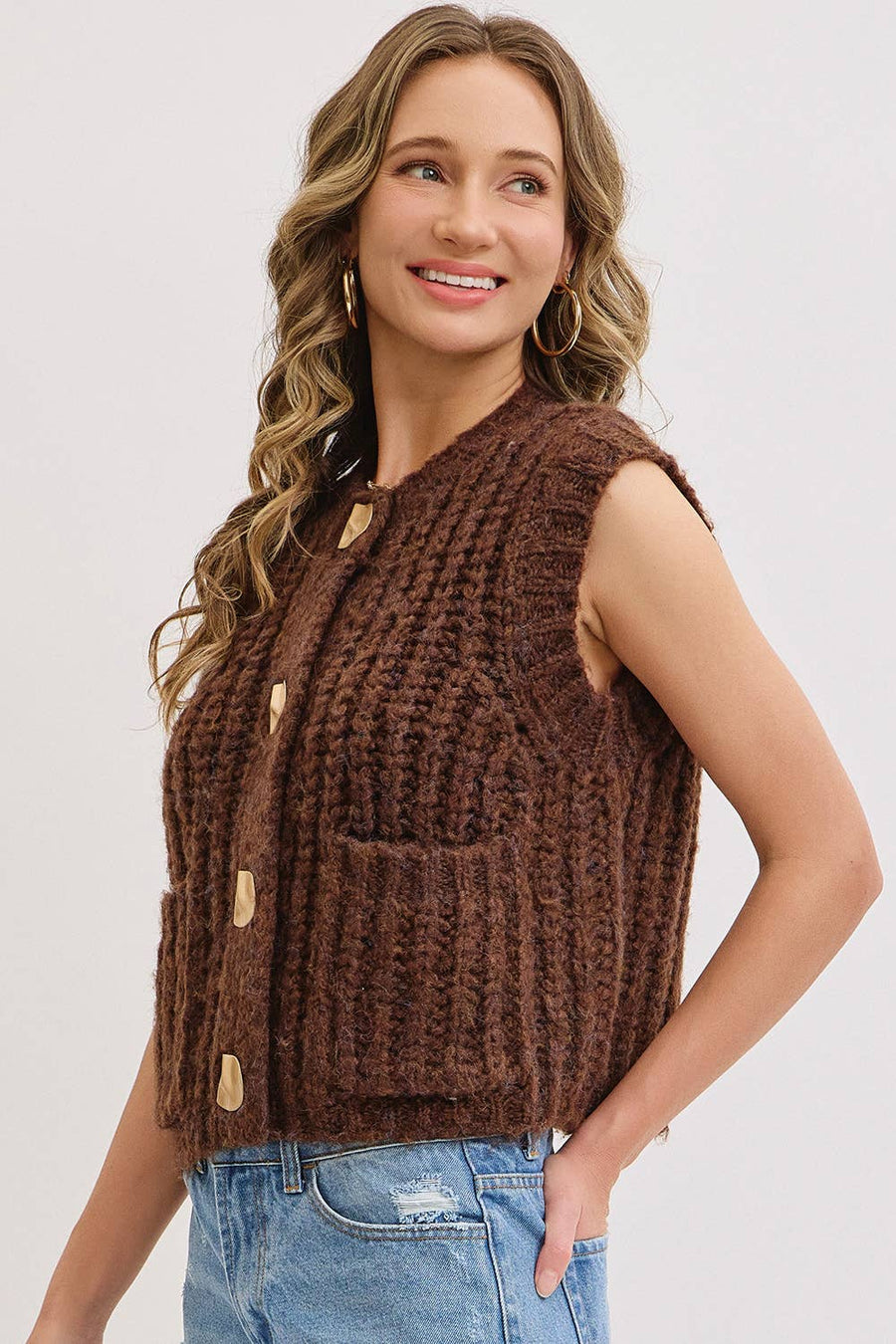 CHUNK SWEATER KNIT VEST : Brown