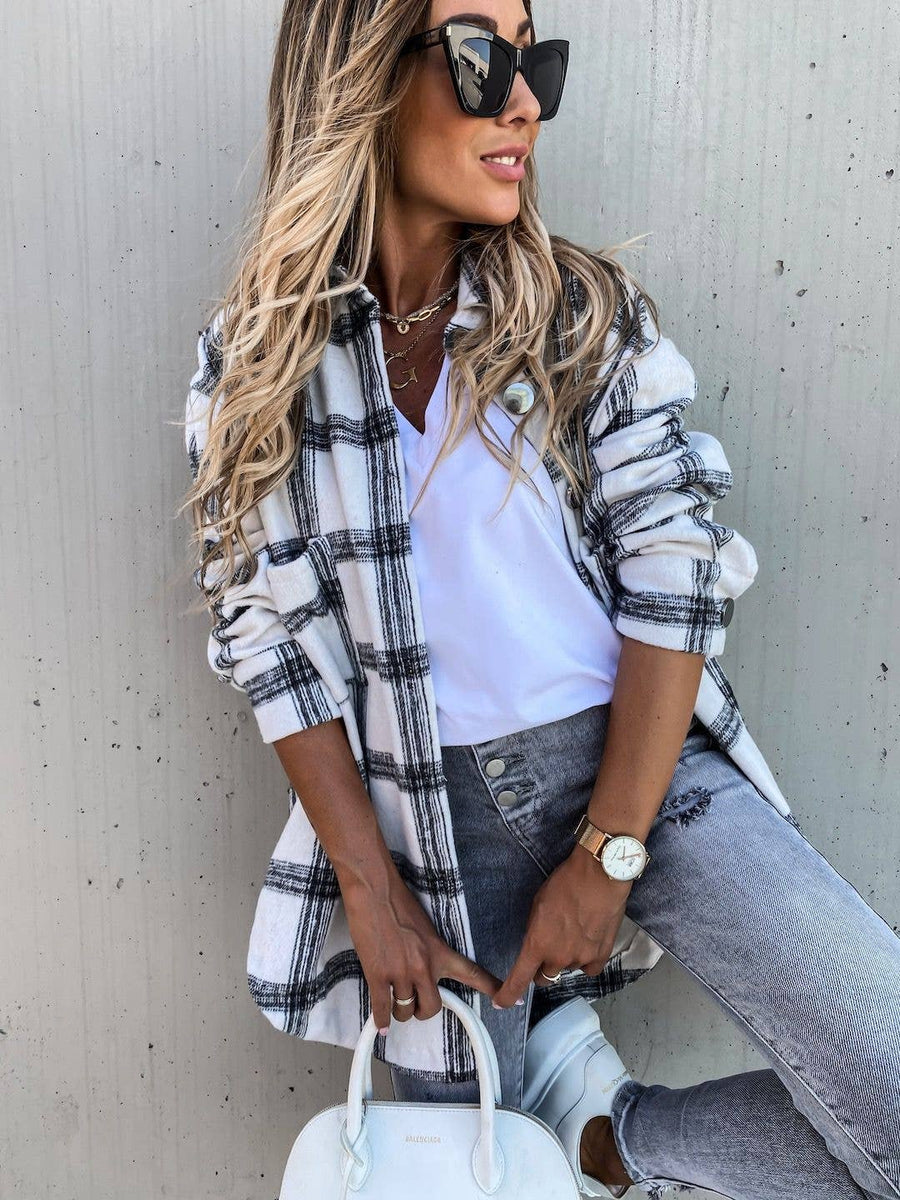 Ladies Button Up Turndown Collar Plaid Shirt