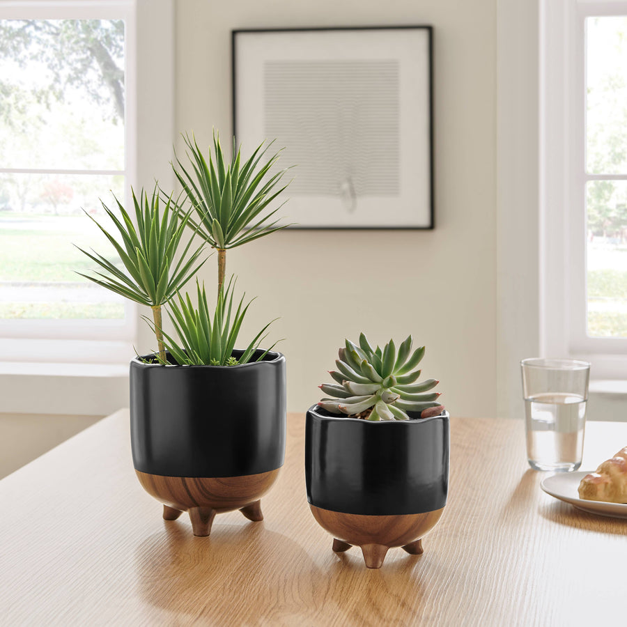 Milo Mortar Flower Pot Planter Set of 2 Black and Walnut