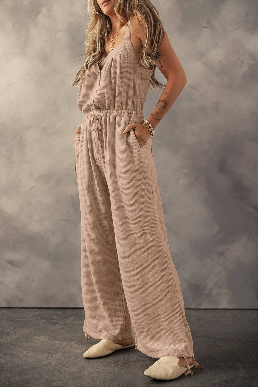 Lovesoft - Women's Knotted Straps Jumpsuit: Pale Khaki