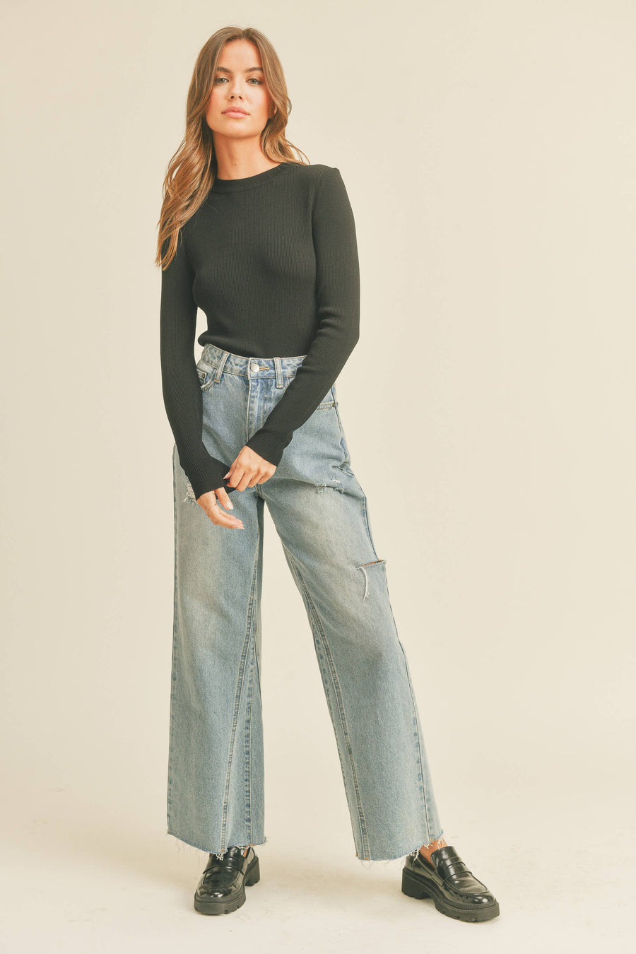 RIBBED LONG SLEEVE BASIC TOP: White