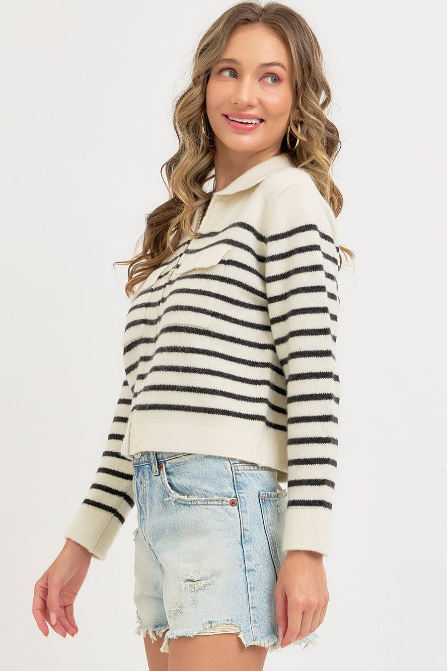 STRIPED ZIPPER FRONT SWEATER KNIT CARDIGAN