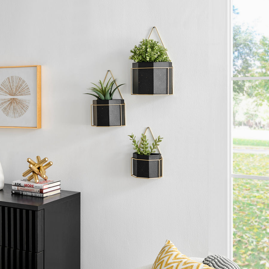 Geometric White or Black and Gold Wall Planters Set of 3