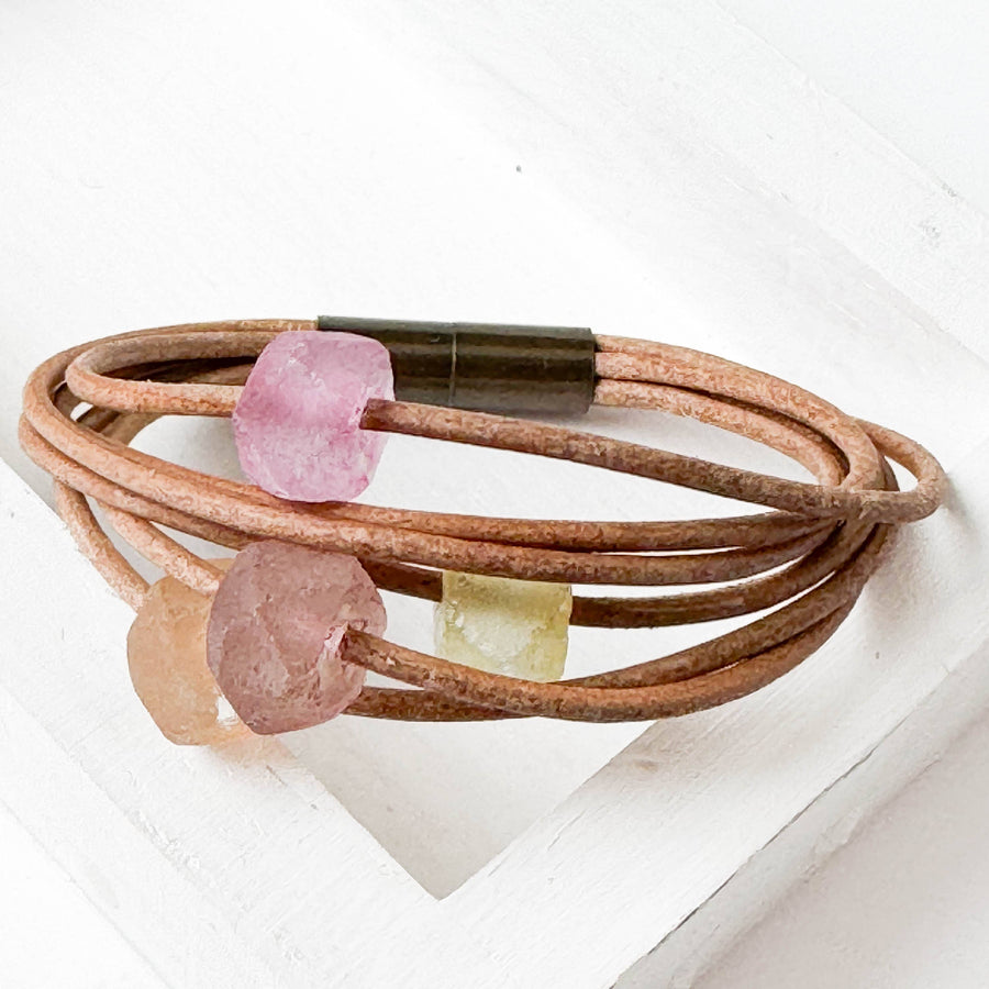 Nest Pretty Things - Natural Leather Bracelet with Pastel Recycled Glass Beads: 7"