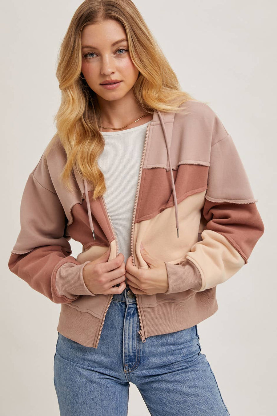 Bluivy -ROSE  ZIP FRONT PATCHWORK HOODIE
