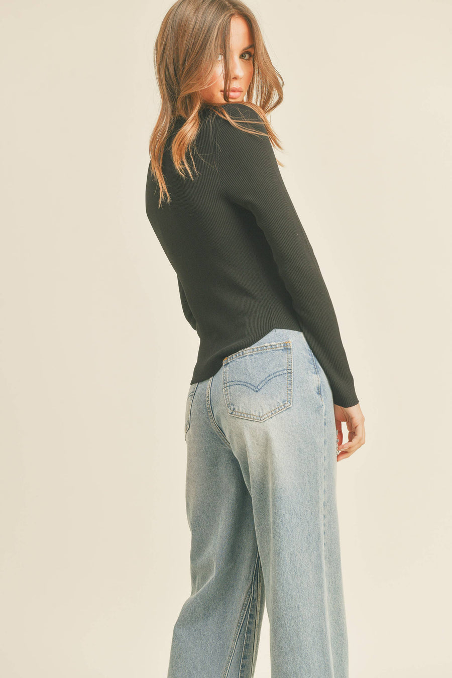 RIBBED LONG SLEEVE BASIC TOP: White