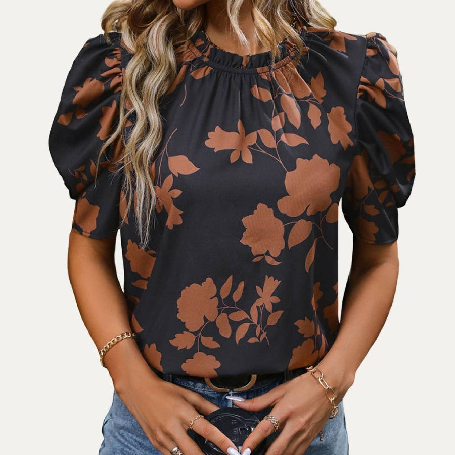 Cute Print Rounded Neck Keyhole Puff Short Sleeve Top