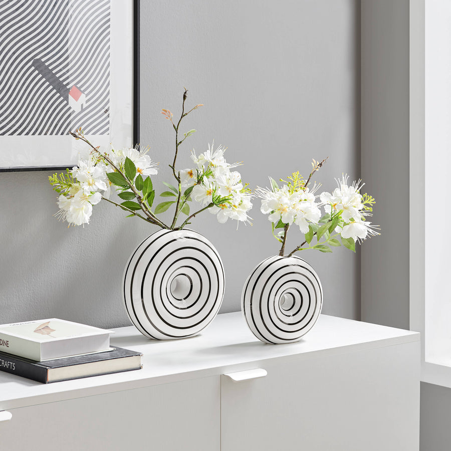 Glossy Ceramic Black White Striped Round Donut Vase Set