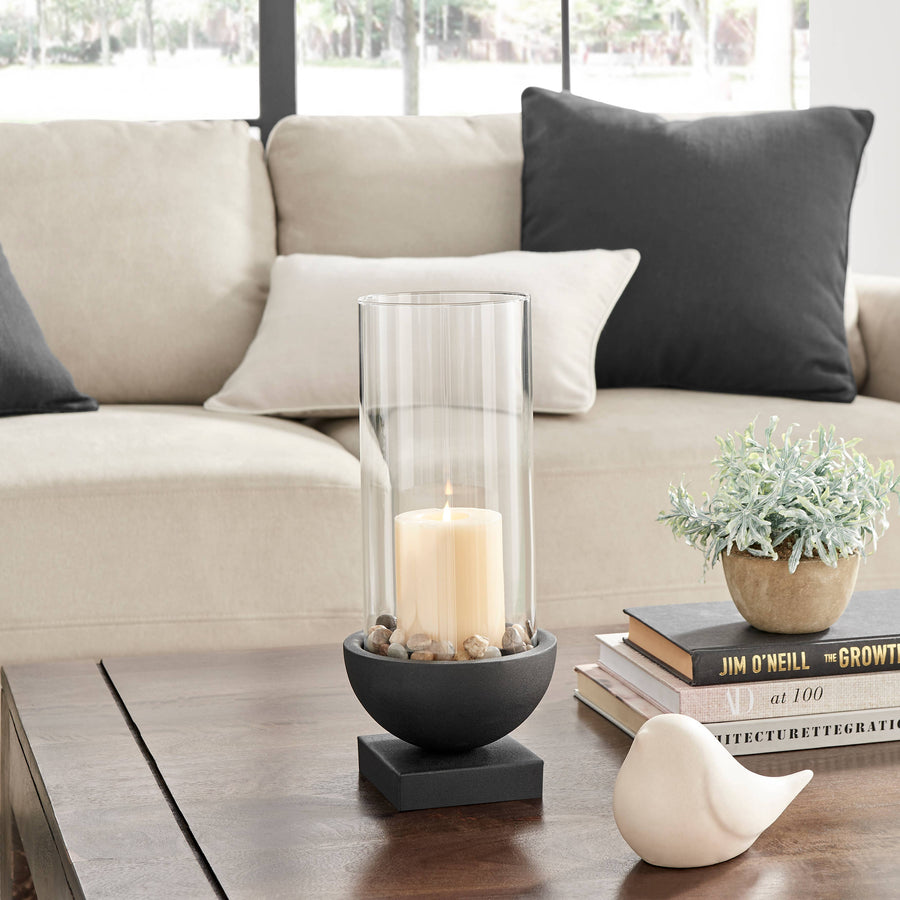 Modern Black Metal Bold Pedestal Glass Pillar Candle Holder: 6" x 6" x 13.5"