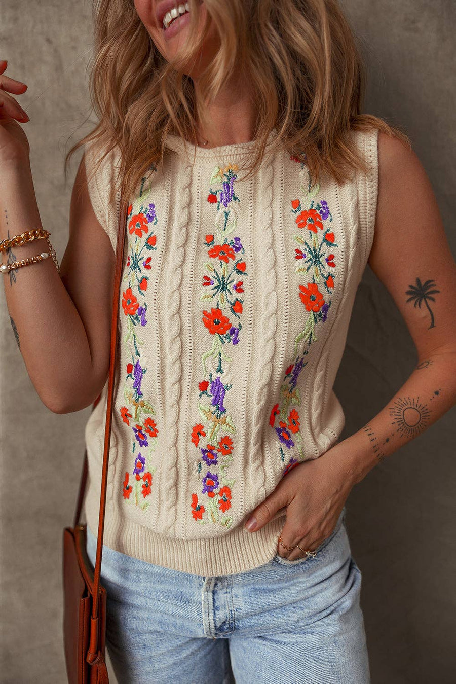 Lovesoft - Embroidered Floral Cable Knit Sweater Vest: ivory