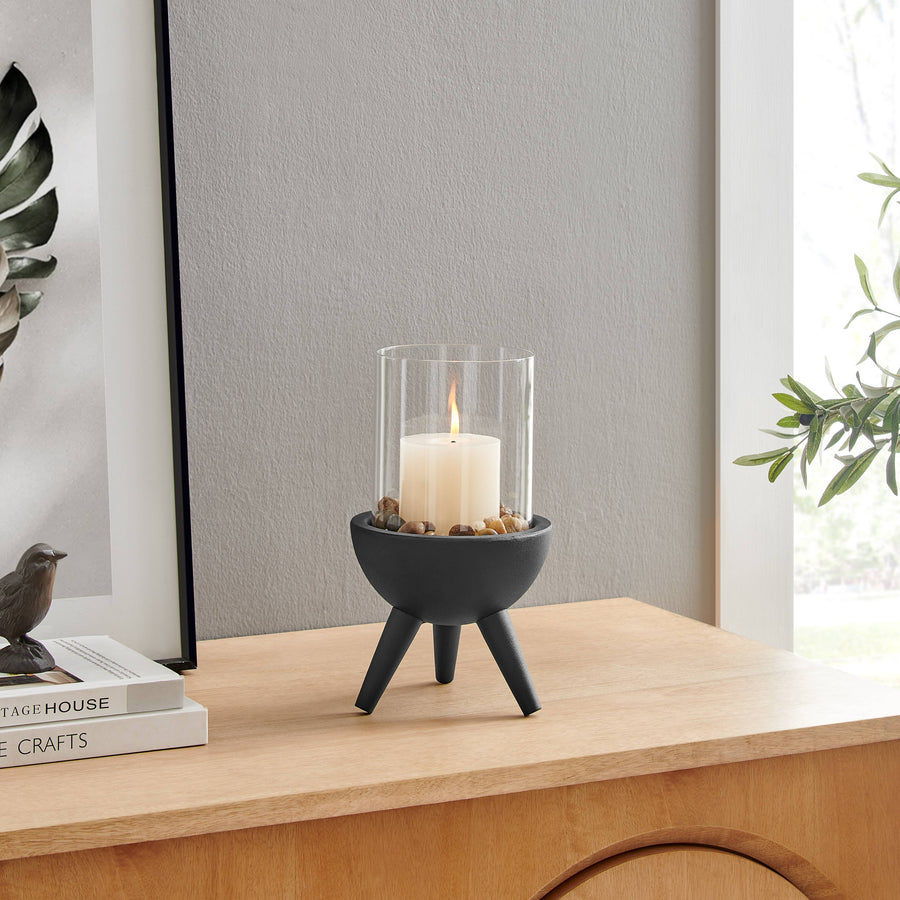 Molta Modern Black Metal Pedestal and Glass Candle Holder: Small