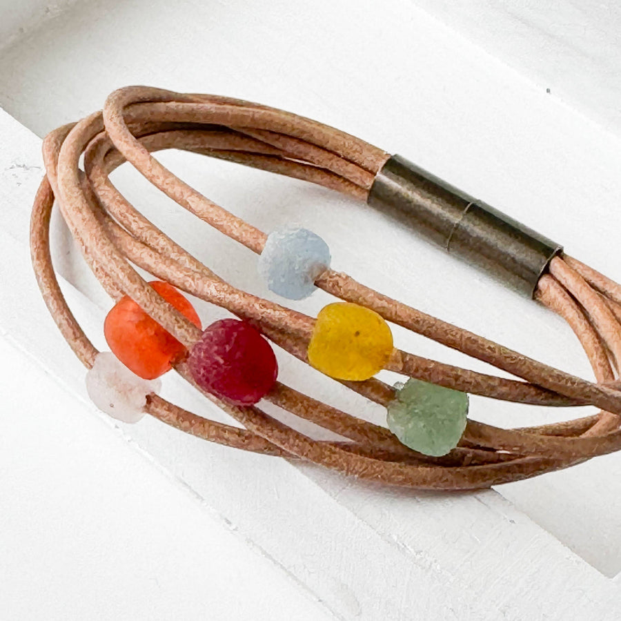 Nest Pretty Things - Natural Leather and Colorful Recycle Glass Beads: 7"
