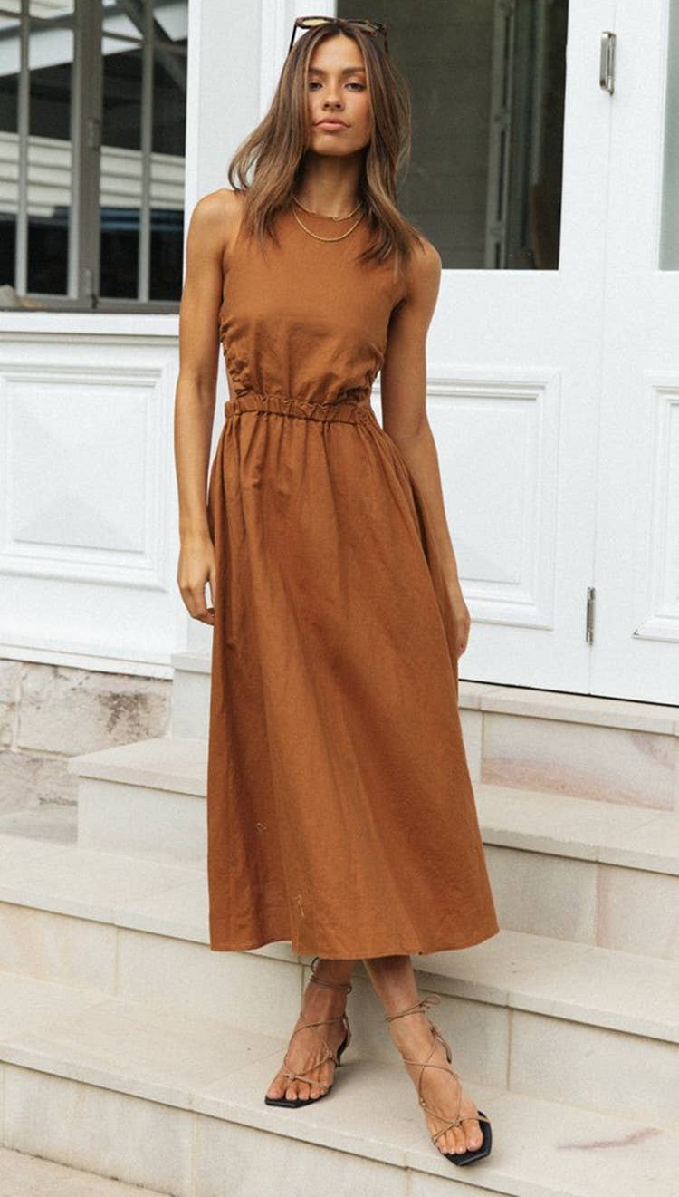 Ladies Elastic Strape Back Sleeveless Midi Dress