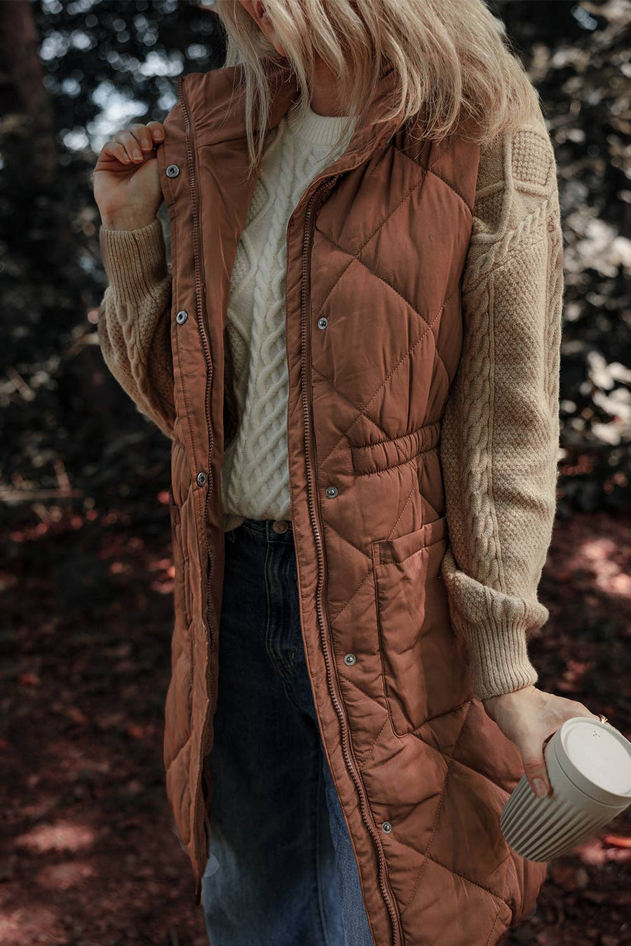 Longline Quilted Stand Collar Puffer Vest: Coffee