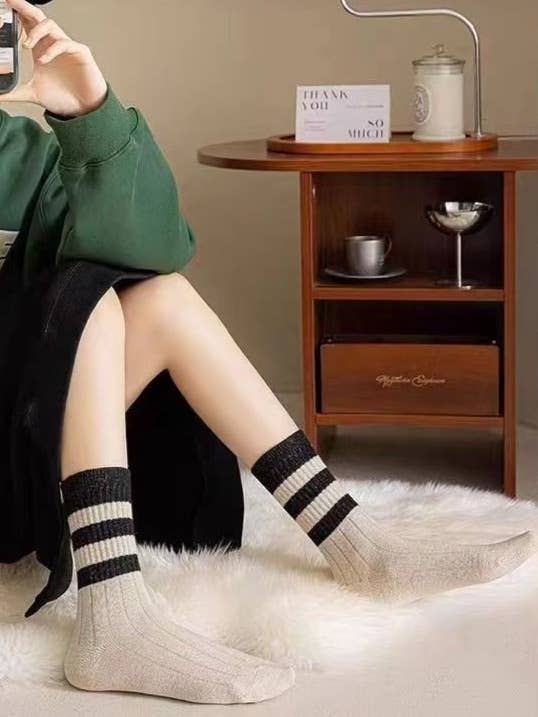 Sweetkama - Ladies Socks/Rib Knit Color Block Stripe Socks/OS