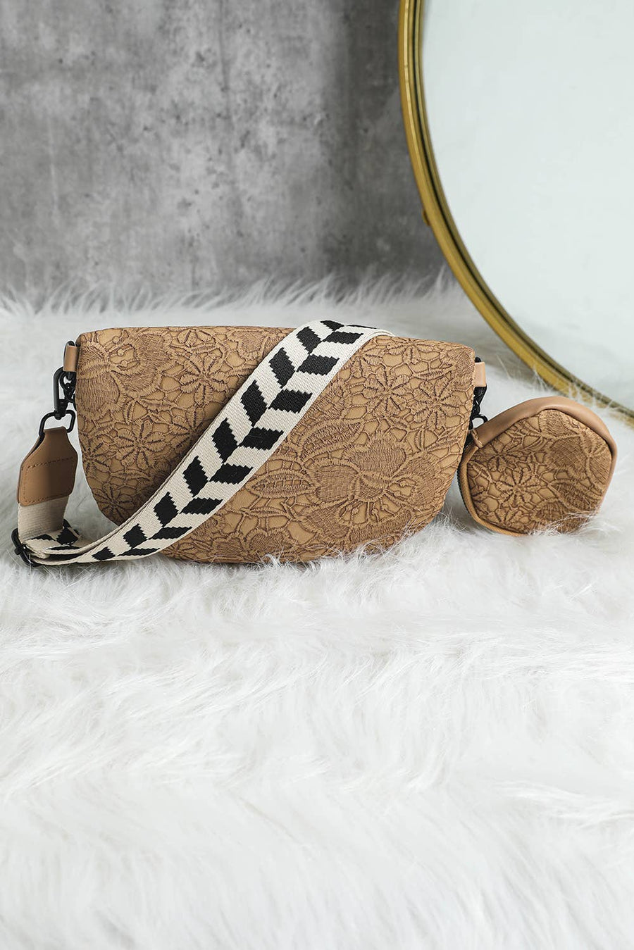 Little Daisy Closet - Colorblock Strap Chain Shoulder Bag With Coin Purse: Camel