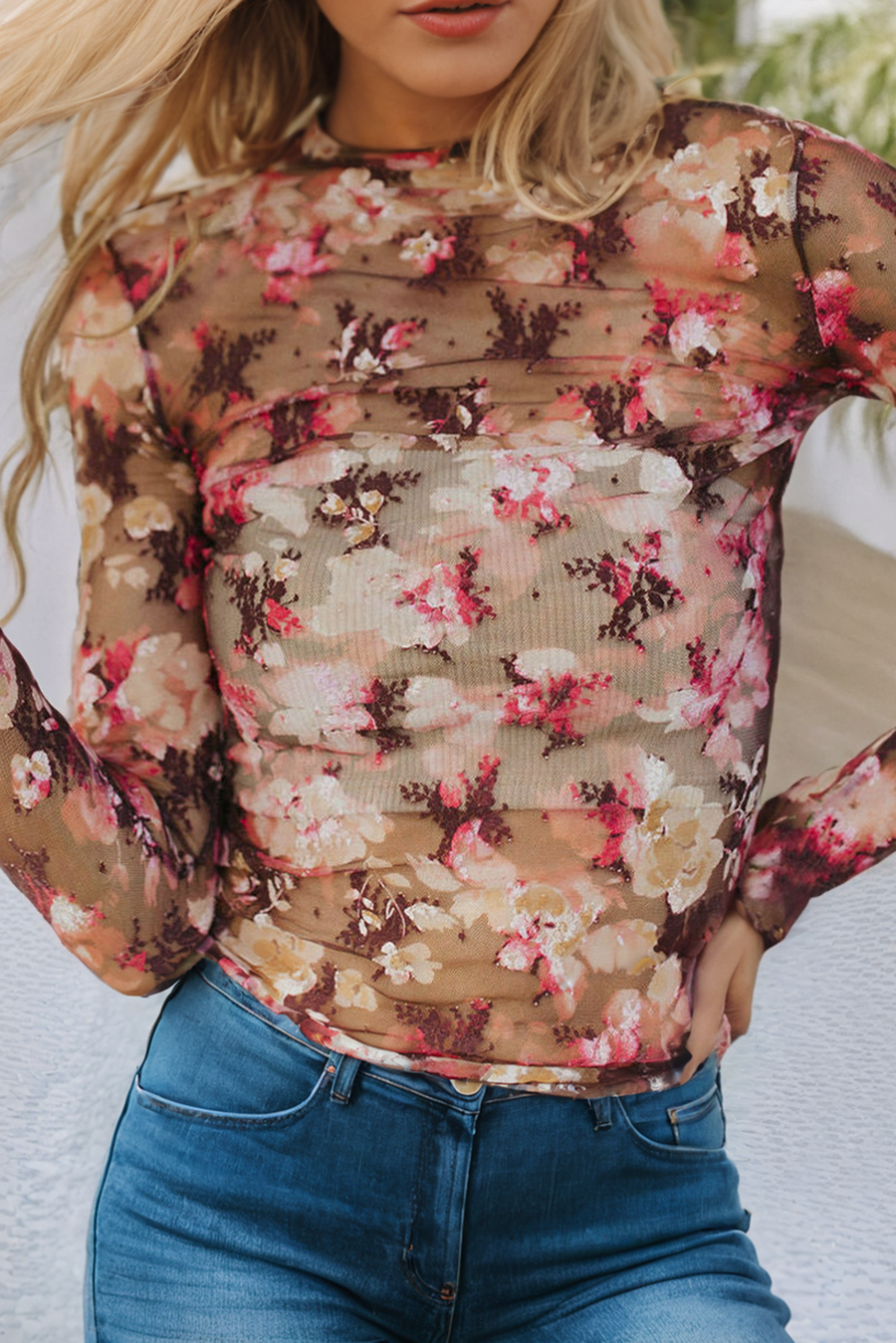 Little Daisy Closet -Floral Print Sheer Mesh Long Sleeve Top Red floral
