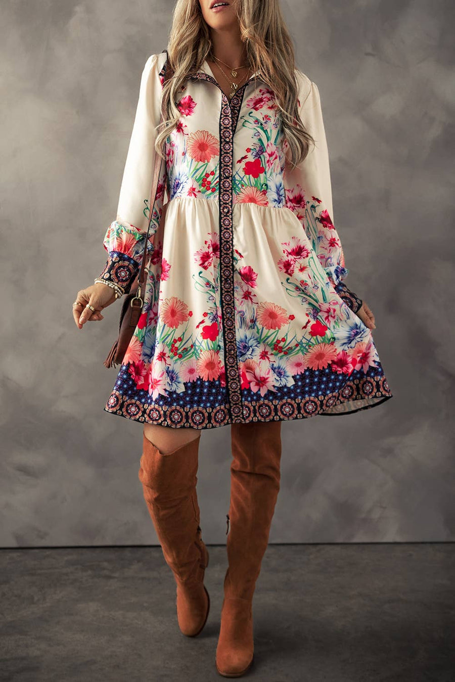 Little Daisy Closet -Floral Print Buttoned High Waist Shirt Mini Dress: Apricot