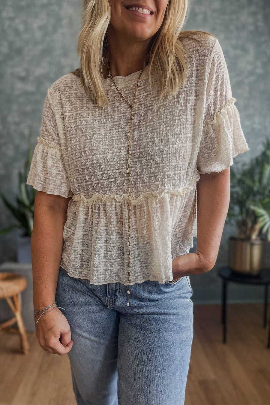 Lovesoft - Beige Solid Color Textured Ruffled Short Sleeve Blouse: Beige