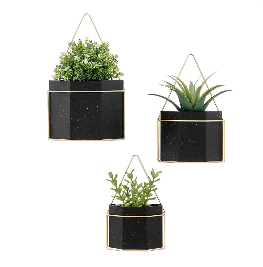 Geometric White or Black and Gold Wall Planters Set of 3