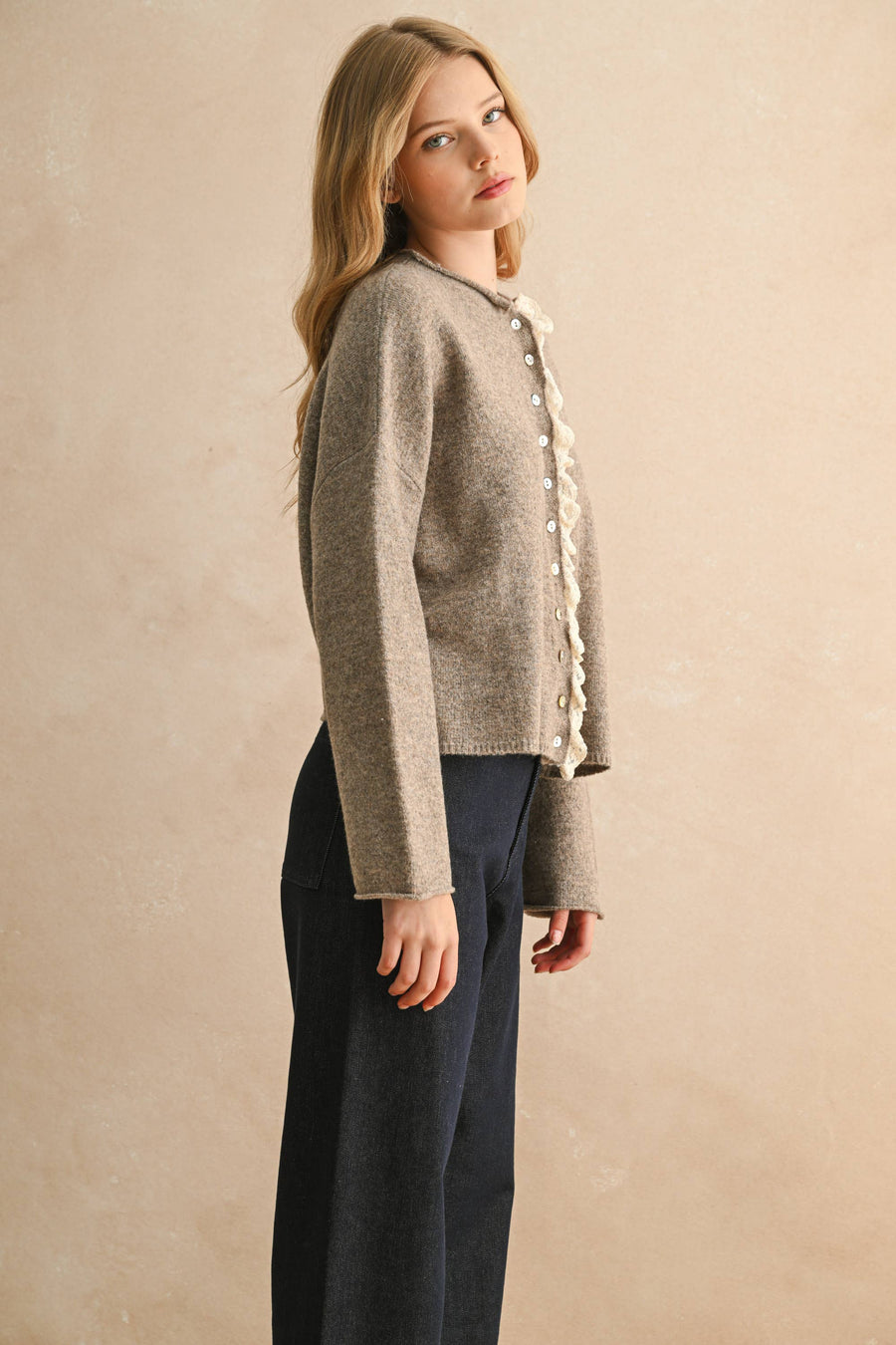 BUTTON FRONT LACE TRIM KNITTED CARDIGAN