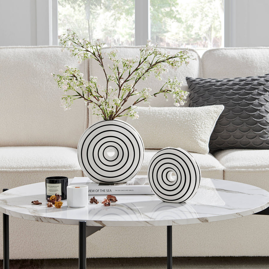 Glossy Ceramic Black White Striped Round Donut Vase Set