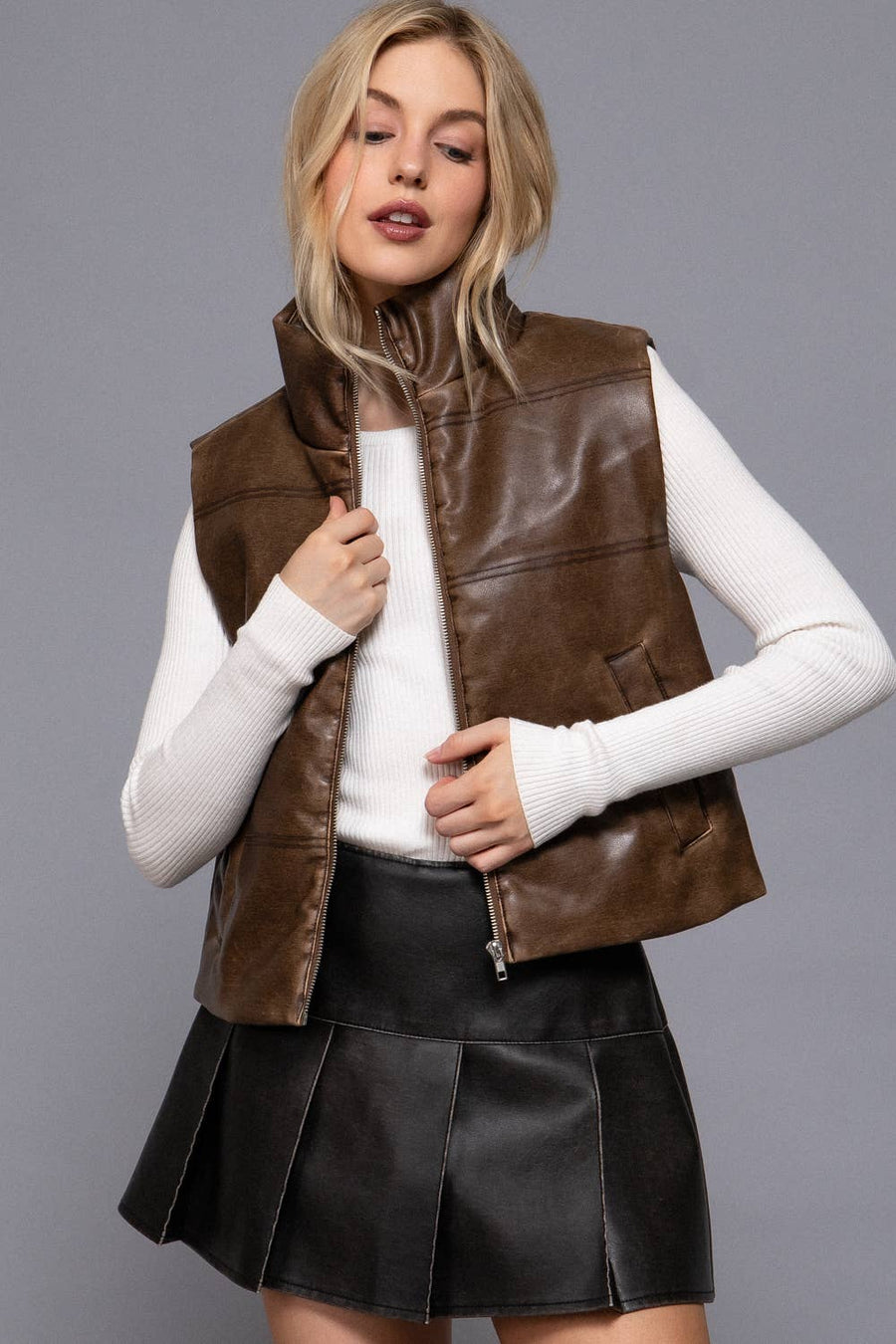 Wash Effect Faux Leather Vest: BRN-hazelnut