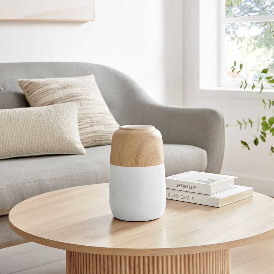 Two Tone Cylindrical Table Vase White and Beech