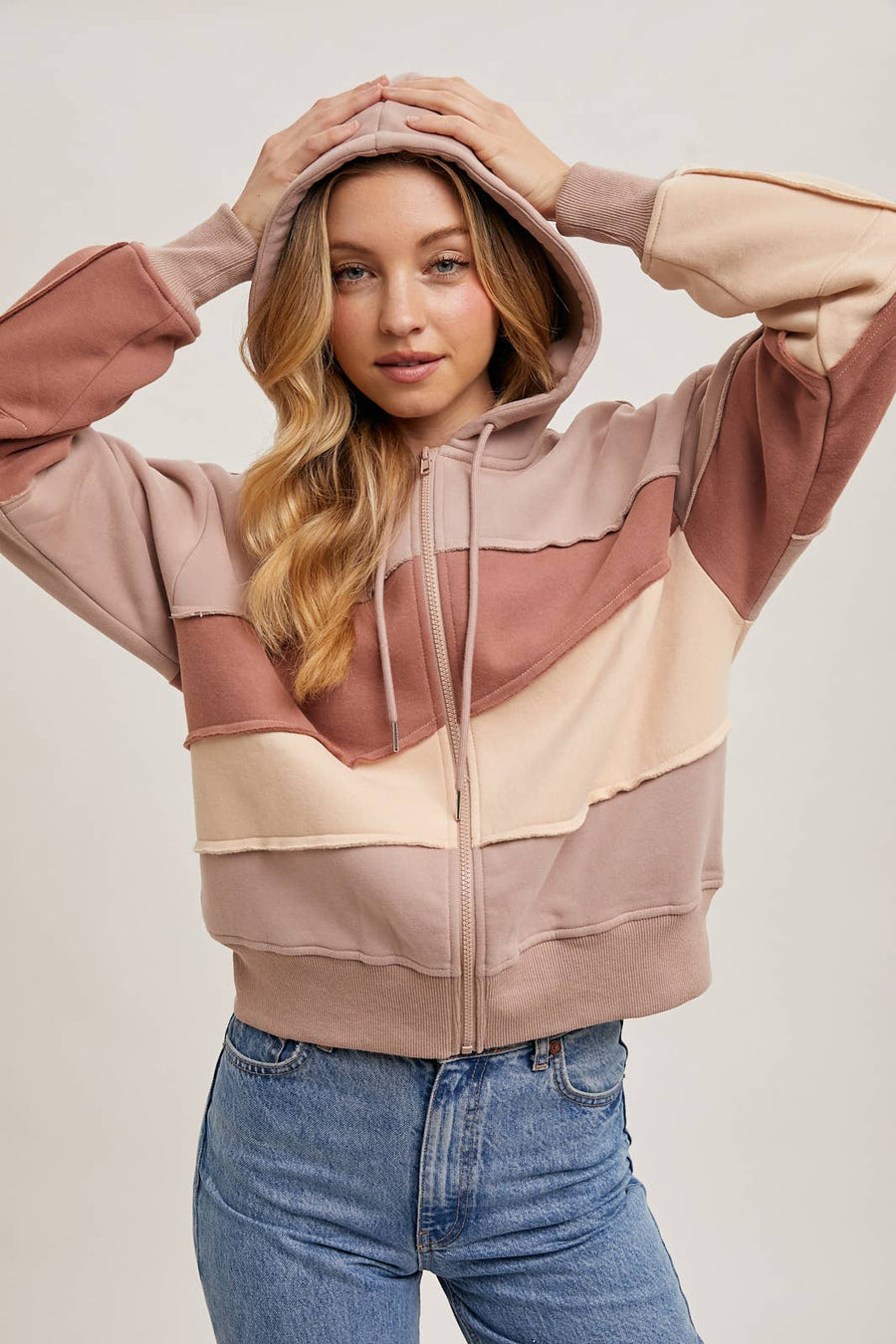 Bluivy -ROSE  ZIP FRONT PATCHWORK HOODIE