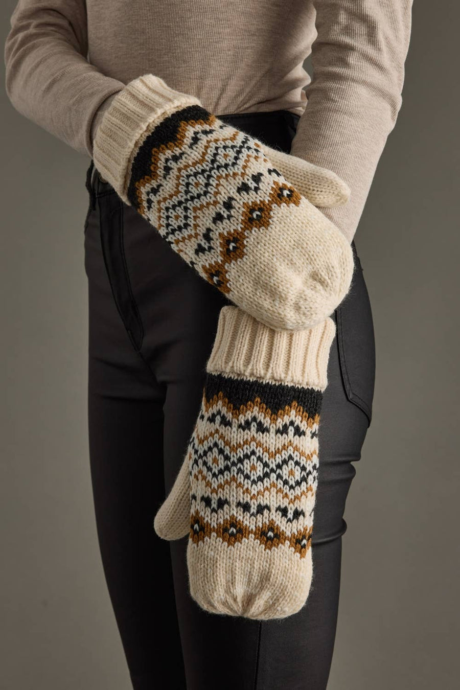 Cream, Black & Camel Patterned Mittens