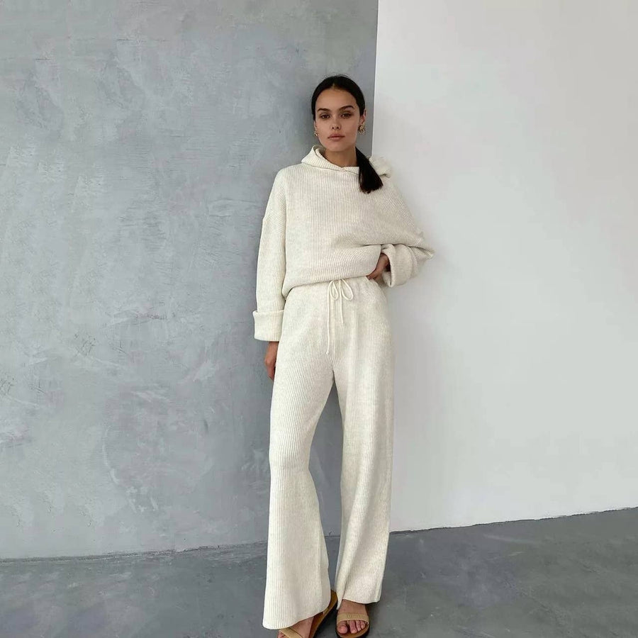 Solid Color Hoodie Top and Pant Set Sweater Set