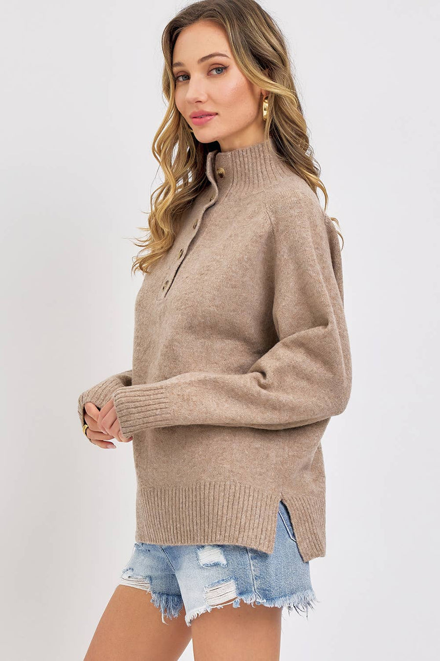 Buttoned High Collar Sweater