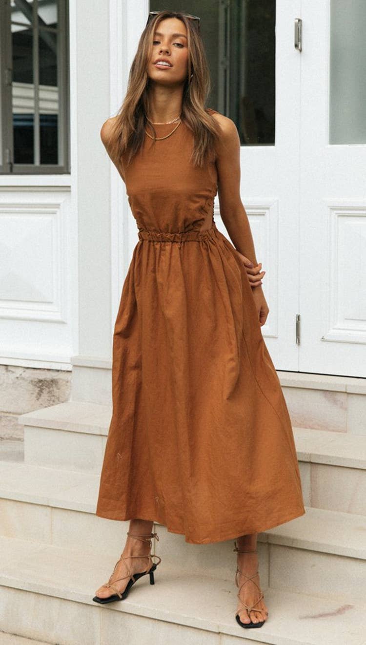 Ladies Elastic Strape Back Sleeveless Midi Dress