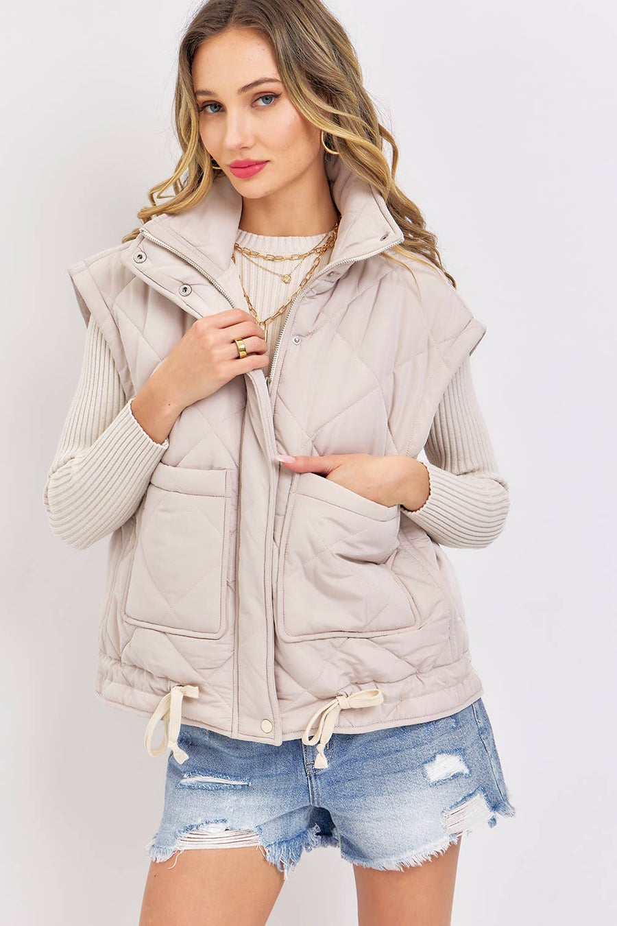 Quilted Puffer Vest _ Taupe