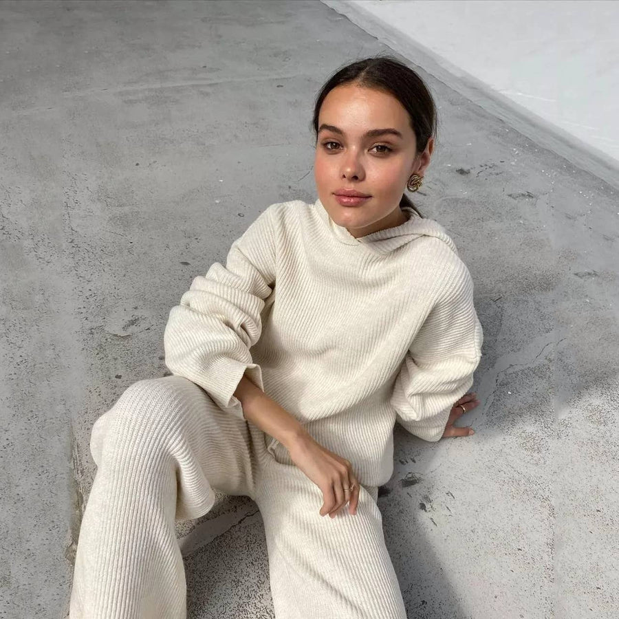 Solid Color Hoodie Top and Pant Set Sweater Set