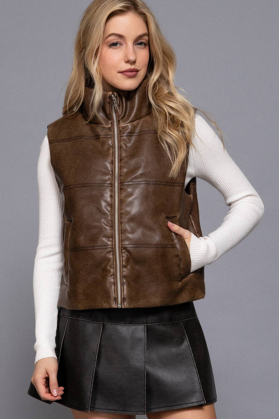 Wash Effect Faux Leather Vest: BRN-hazelnut