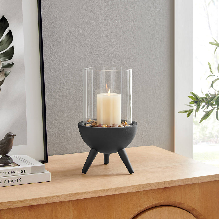 Molta Modern Black Metal Pedestal and Glass Candle Holder: Small