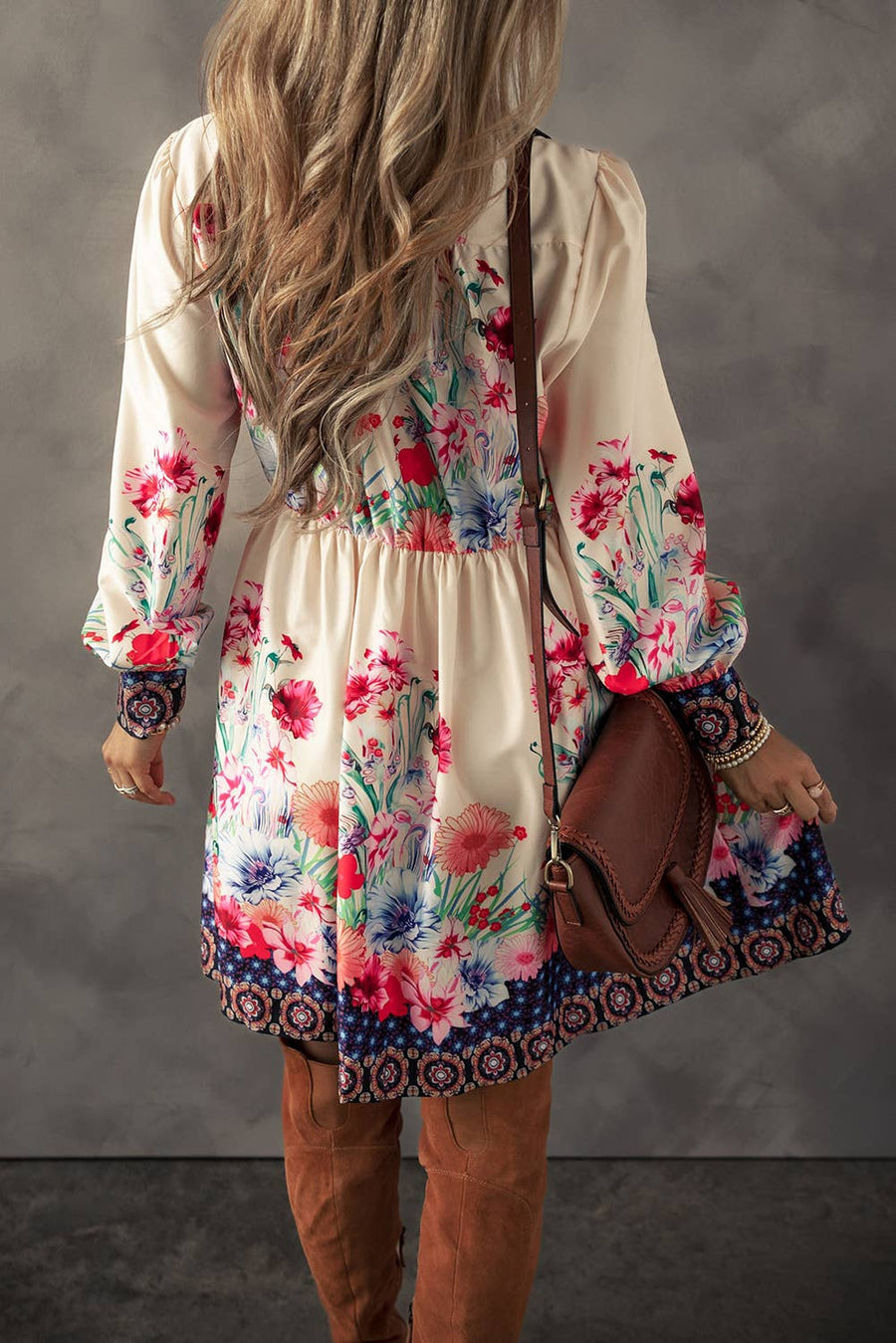 Little Daisy Closet -Floral Print Buttoned High Waist Shirt Mini Dress: Apricot