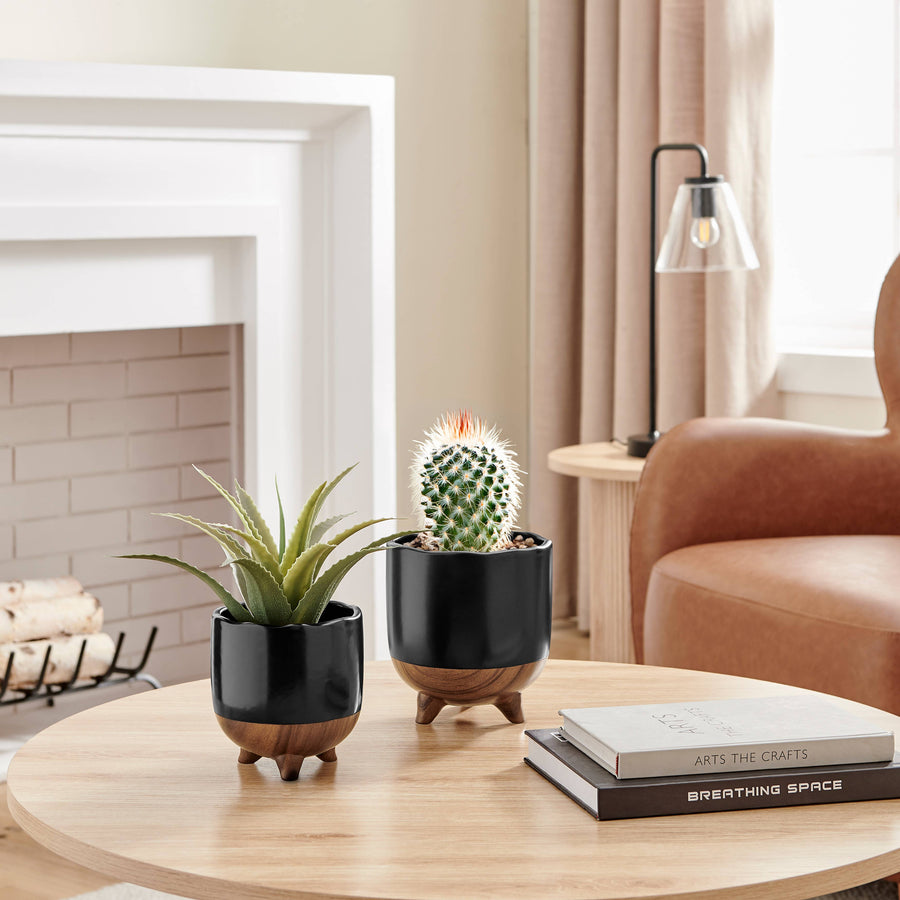 Milo Mortar Flower Pot Planter Set of 2 Black and Walnut
