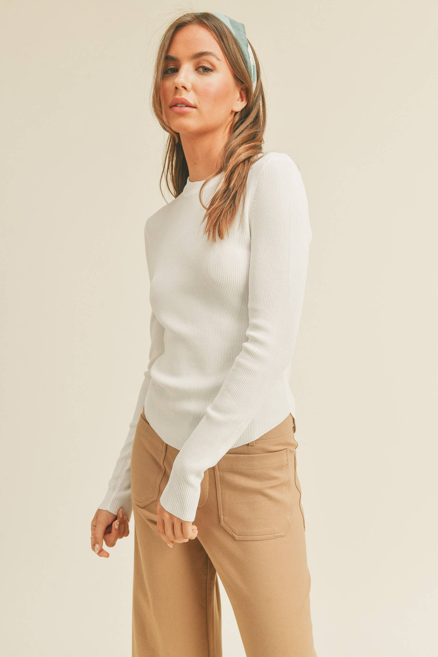 RIBBED LONG SLEEVE BASIC TOP: White