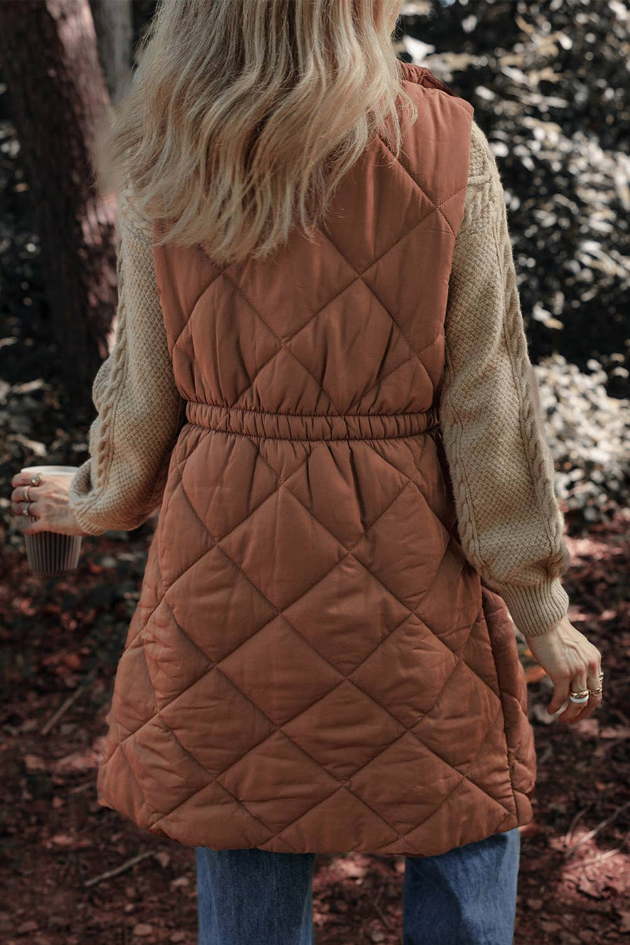 Longline Quilted Stand Collar Puffer Vest: Coffee