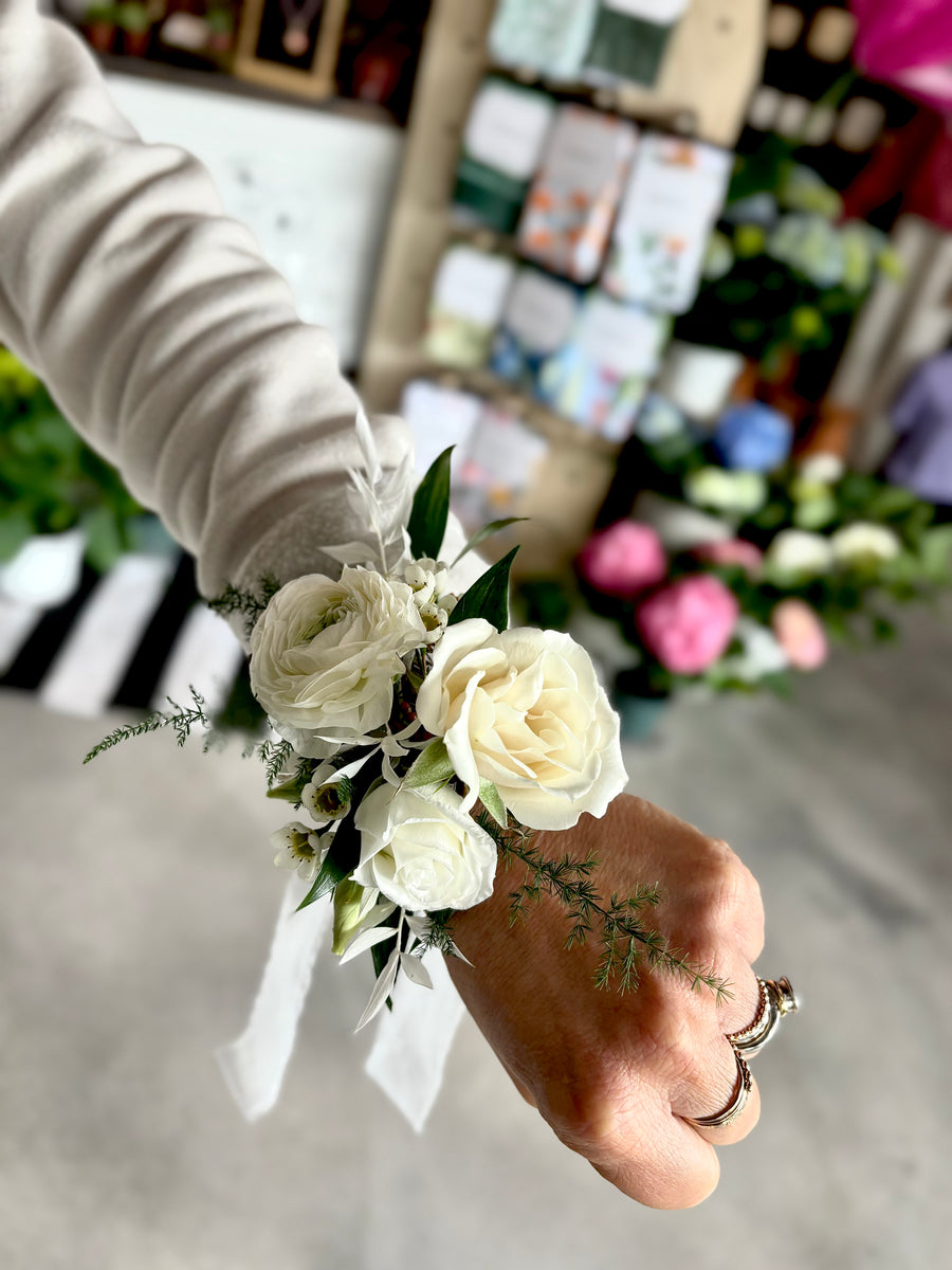 Prom Corsage:  Whites and Cremes on Ribbon