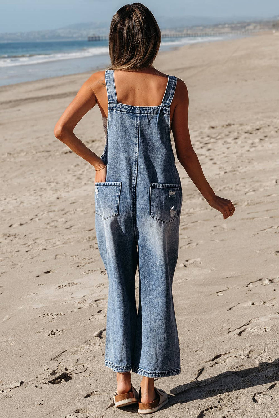 Little Daisy Closet - Distressed Bib Pocket Wide Leg Denim Overall: Stone Blue