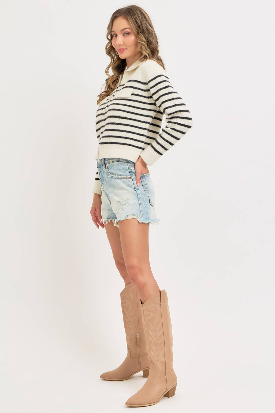 STRIPED ZIPPER FRONT SWEATER KNIT CARDIGAN