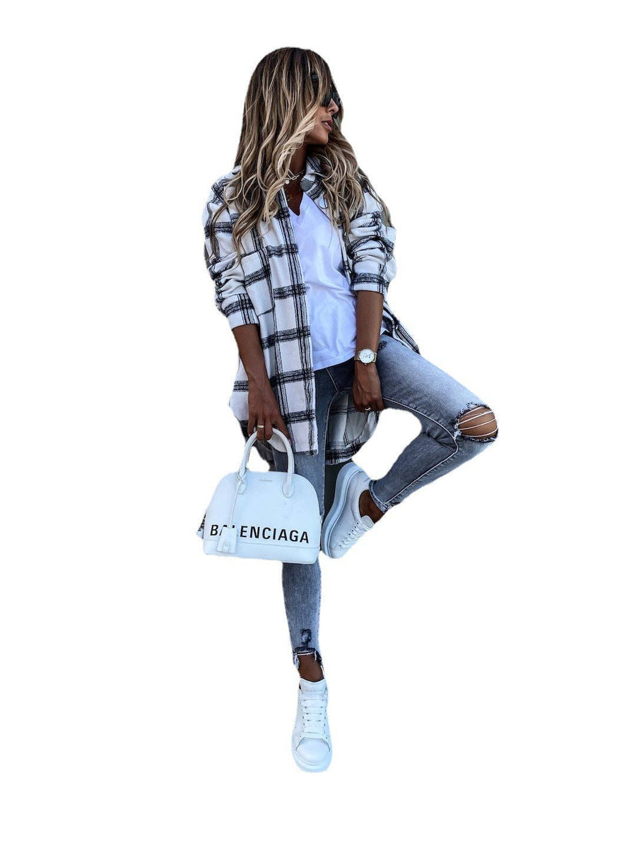 Ladies Button Up Turndown Collar Plaid Shirt